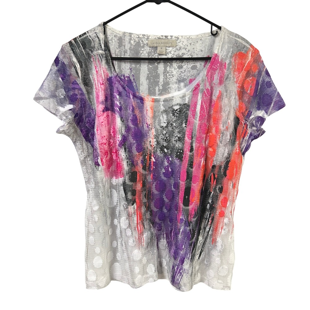 Laura Ashley Abstract Mesh Overlay Tee Size M Multicolor Art to Wear Lagenlook